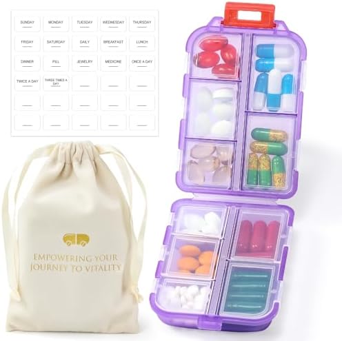 1 Pack Travel Handy Pill Organizer/Holder Box w Labels & 1 Drawstring Pouch, Small 10 Compartments Pocket Pharmacy Portable Medicine Container Case - Daily Weekly Medication Organizer - Purple