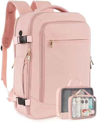 FALARK INC Carry on Travel Backpack for Women, Flight Approved 40L Personal Item Backpack with 2 Packing Cubes, Anti-theft Travel Bookbag for Weekender, College, Pink