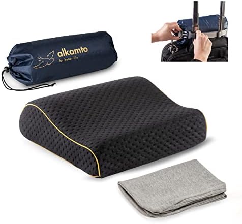 alkamto Travel & Camping Comfortable Memory Foam Pillow with Extra Cotton Cover – Easy to Carry Portable Bag – Temperature Regulating Pillow Case - Perfect for Travelling (Black)