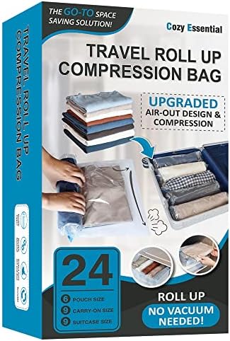 24 Travel Compression Bags Vacuum Packing, Space Saver Bags for Luggage, Cruise Ship Essentials (9 Large Roll/9 Medium Roll/6 Small Roll)