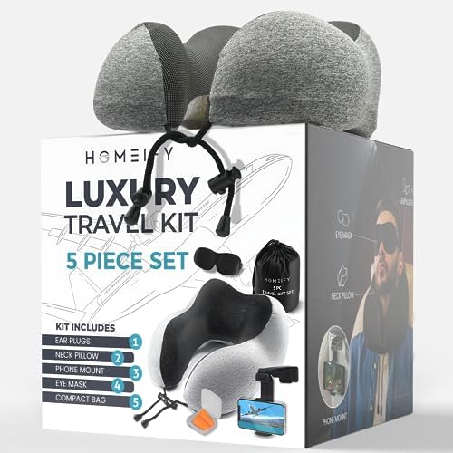Airplane Neck Pillow Includes Travel Pillow + Airplane Phone Holder Mount + Eye Masks + Earplugs for Travel, 100% Pure Memory Foam Travel Pillow, 5 Pc Travel Kit,
