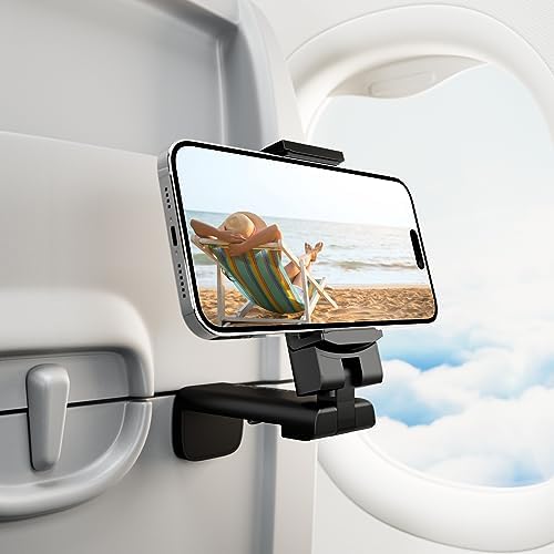 Airplane in Flight Phone Holder,Klealook 4 in 1 Adjustable Phone Stand for Travel,360°Rotating Desk Phone Clamp,Portable Foldable Phone Hook,Universal Phone Mount for Phone/Travel/Home/Office-Black