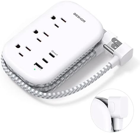 BESHON Flat Plug Power Strip, 3 Outlets with 3 USB Ports(2 USB C), Ultra Flat 3.2ft Wrapped Around Extension Cord for Cruise Ship, Travel, Dorm Room Essentials