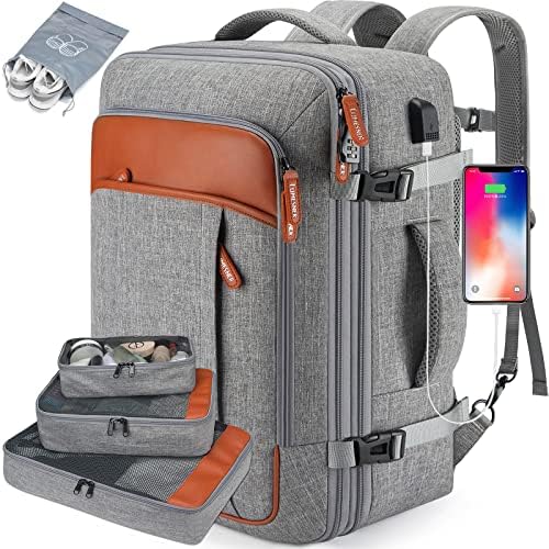 Carry on Travel Backpack, Extra Large 40L Flight Approved for Men & Women,Expandable Large Suitcase With 4 Packing Cubes,Water Resistant Luggage Daypack Business Weekender Bag,Grey