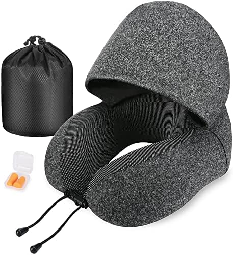 Cirorld Neck Pillow for Travel, Memory Foam Travel Pillow with Hood, Adult Airplane Pillow for Head Rest Neck Support, Portable Pillow for Office Cars Trains Long Flights Sleeping (Deep Grey)