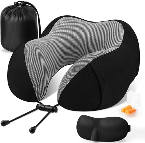 CloudBliss Travel Pillow Premium Memory Foam, Comfortable & Supportive Neck Pillow, Pain Relief Sleeping Neck Pillows for Travel, Airplane Pillow for Sleeping Airplane, Car, Office and Home（Black）