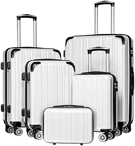 Coolife Luggage Expandable 5 Piece Sets PC+ABS Spinner Suitcase 20 inch 24 inch 28 inch (white grid new)
