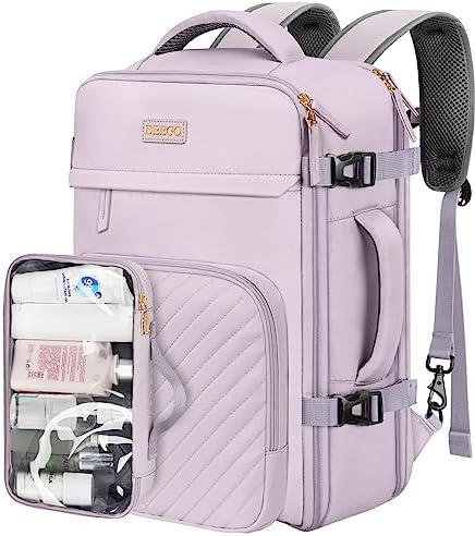 DEEGO Carry on Backpack for Women, Travel Backpack Airline Approved, Personal Item Backpack with Toiletry Bag, College Backpack Fits 15.6 Inch Laptop, Waterproof Casual Daypack Weekender, Purple