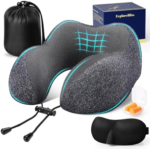 ExploreBliss Travel Pillow, Travel Pillows for Sleeping Airplane, Removable Cover Neck Pillow with Adjustable Clasp, Memory Foam Neck Pillow Set with Eye Mask, Earplugs and Storage Bag (Dark Grey)