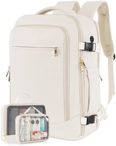 FALARK INC Carry on Travel Backpack for Women, Flight Approved 40L Personal Item Backpack with 2 Packing Cubes, Anti-theft Travel Bookbag for Weekender, College,Beige