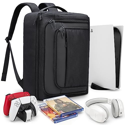 Game Console Backpack for PS5, Protective Carrying Case Compatible with Plyastation5 Console, Base, 15.6”Laptop, Headset, PS5 Controller, More Game Discs, and Gaming Accessories