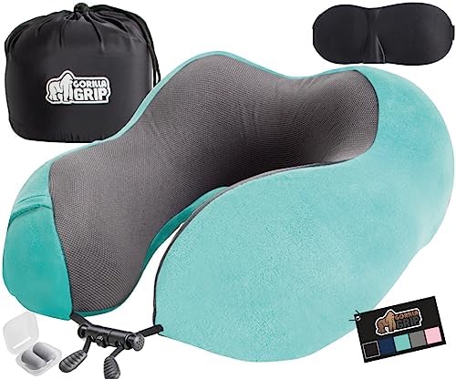 Gorilla Grip Memory Foam Travel Neck Pillow, Head Support on Airplanes, Soft Velvet, Cooling Mesh, Blinkable Eye Mask, Supportive Car Traveling, Sleeping on Long Flight, Airplane Pillows, Turquoise