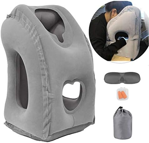 Inflatable Travel Air Pillow for Sleeping to Avoid Neck and Shoulder Pain, Comfortably Support Head and Lumbar, Used for Airplane, Car, Bus and Office (Grey)
