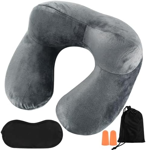 Inflatable Travel Pillows for Sleeping Airplane Inflatable Neck Pillow for Traveling Pillow Inflatable Travel Neck Pillows for Airplanes Sleeping, Train, Car, Office, with Eye Masks, Earplugs