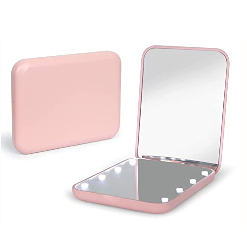 Kintion Pocket Mirror, 1X/3X Magnification LED Compact Travel Makeup Mirror with Light for Purse, 2-Sided, Portable, Folding, Handheld, Small Lighted Mirror for Gift, Pink