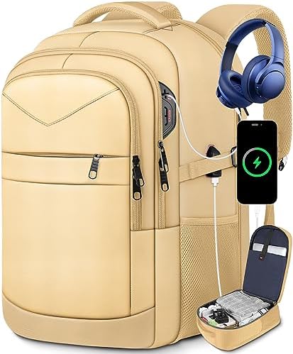Lapsouno Extra Large Backpack, Laptop Backpack, Carry on Backpack, Durable Extra Large 17 Inch TSA Friendly Business Laptop Backpack with USB Port, Anti Theft Bag Gifts for Men Women, Light Yellow