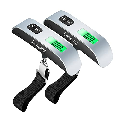 Longang 110 Lbs Digital Hanging Luggage Scale with Backlit for Travel, Rubber Paint Handle and Battery Included (B Silver, 2 Pcs)
