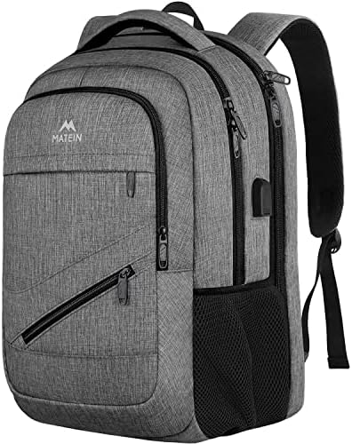 MATEIN Travel Laptop Backpack, 17 inch Business Flight Approved Carry On Backpack, TSA Large Travel Backpack for Women Men with USB Charger Port and Luggage Sleeve, Durable College Rucksack, Grey