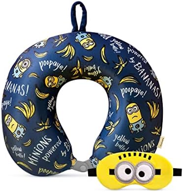 MINISO Minions Travel Neck Pillow with Eye Mask, Cute Cartoon 100% Memory Foam Neck Support Pillow, Lightweight Travelling Pillow Set for Airplane, Car and Home Use