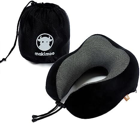 Makimoo Memory Foam Travel Pillow, Neck Pillow with 360-Degree Head Support, Comfortable and Lightweight, Ideal for Sleeping on Airplane, Car, Train, Bus and Home Use, Comes with Storage Bag (Black)