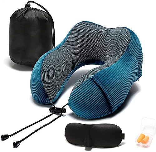 Memory Foam Neck Pillow with 360-Degree Head Support Lightweight Comfortable Travel Airplane Pillow with Storage Bag for Sleeping, Traveling,Car, Train, Bus and Home Use(Blue)