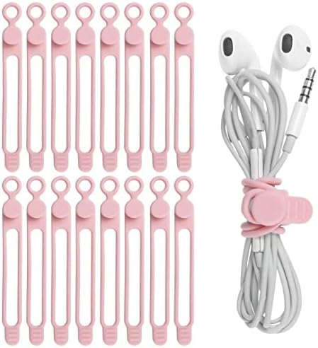 Nearockle 16Pcs Silicone Cable Straps Wire Organizer for Earphone, Phone Charger, Mouse, Audio, Computer, Reusable Fastening Cable Ties Cord Organizer in Home, Office, Kitchen, School (Pink)