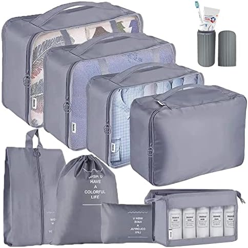Packing Cubes - 9 PCS Travel Luggage Organizers Set Waterproof Suitcase Organizer Bags Travel Essentials Clothes Shoes Cosmetics Toiletries Storage Bags (Grey)