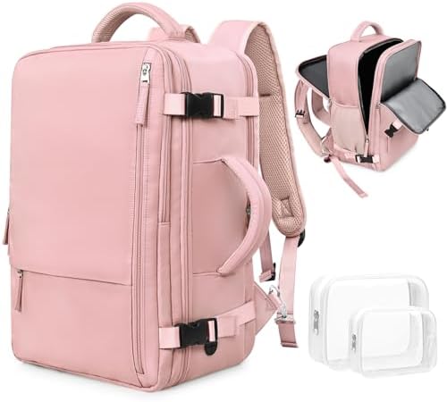 Rinlist Travel Backpack for Women, TSA-Friendly Carry-on Backpack Bag Airline Approved, Hiking Casual Daypack aterproof Personal Item Backpack for Work Business College, Pink