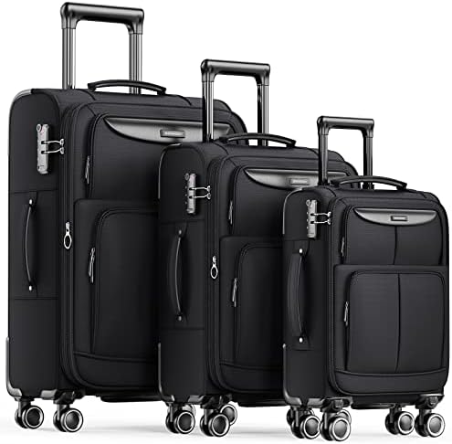 SHOWKOO Luggage Sets 3 Piece Softside Expandable Lightweight Durable Suitcase Sets Double Spinner Wheels TSA Lock Black (20in/24in/28in)