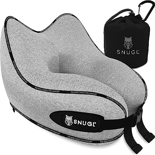 SNUGL Neck Travel Pillow - Memory Foam Airplane Pillow - Flight Pillow | Neck Support Travel Pillow with Carry Bag & Clip | Neck Pillows for Sleeping Travel Plane | Flying Travel Essentials (Grey)