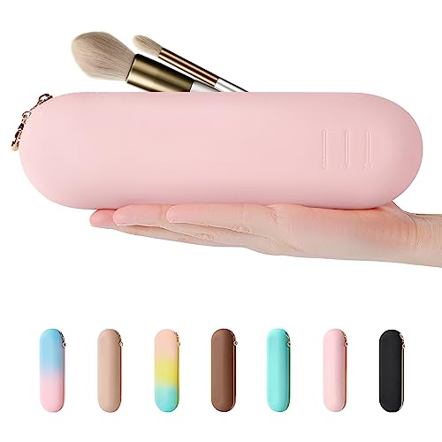SOVICO Travel Makeup Brush Holder, Silicone Makeup Brush Organizer with Upgrade Anti-Fall Out Zipper Closure, Large Makeup Brush Travel Case for Daily, Work or Gift-Pink