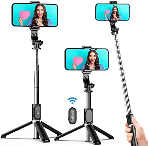 Selfie Stick Tripod, All in One Extendable & Portable iPhone Tripod Selfie Stick with Wireless Remote Compatible with iPhone 14 13 12 11 pro Xs Max Xr X 8 7, Galaxy Note10/S20/S10/OnePlus 9/9 PRO etc