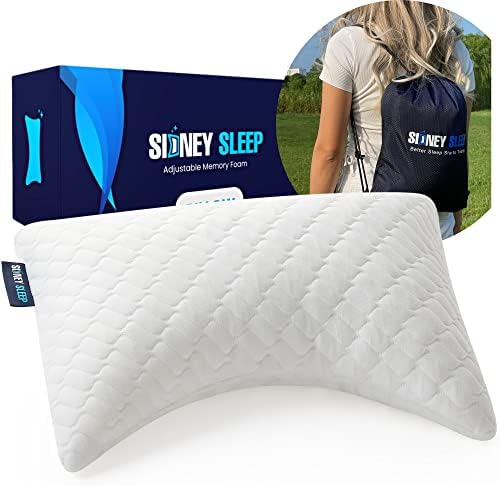 Sidney Sleep Mini Travel Size Neck Pillow - Knee Pillow - Back Lumbar Support - Curved Travel Pillow - 14 x 19 Inches - Adjustable Loft - Washable - Drawstring Backpack Included