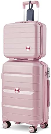 Somago 20IN Carry On Luggage and 14IN Mini Cosmetic Cases Travel Set Hardside Luggage with Spinner Wheels Lightweight Polypropylene Suitcase with TSA Lock (2-Piece Set (14/20), Nude Pink)