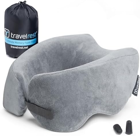 TRAVELREST Nest Memory Foam Travel Pillow & Neck Pillow - Advanced Neck Support for Long Flights - Patented Design for Optimal Relaxation - Long Travel - Unmatched Sleep - Washable Cover - Gray