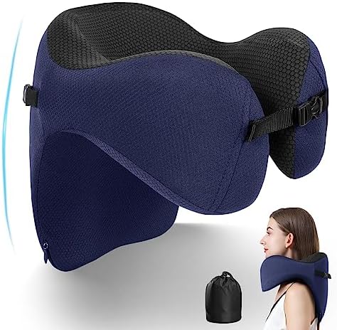 TripGood Neck Pillow for Travel - Extra Upper Back Support - Back Buckle Strap - Large(16.7" Neck Circumference) - Memory Foam - Blue