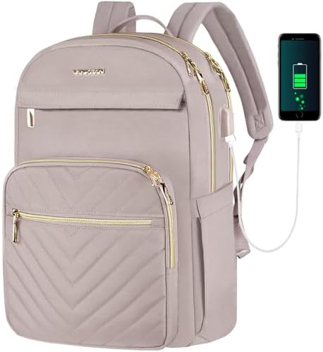 VANKEAN 15.6 Inch Laptop Backpack for Women Work Bag Fashion with USB Port, Waterproof Stylish Travel Bags Casual Daypacks for College, Business, Light Dusty Pink