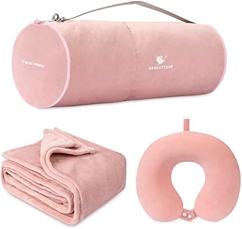 urnexttour Travel Blanket and Pillow- Premium Soft Airplane Blanket with Durable Travel Bag, Hand Luggage Belt Compact Pack Large Blanket for Travel (Pink)